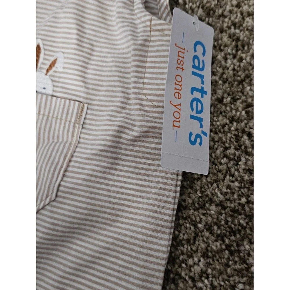 Carter's Striped Bunny & Carrot Pocket Romper - Beige/White NWT